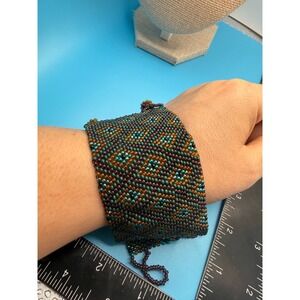 Handmade Seed Bead Cuff Bracelet Geometric Diamond Woven Boho Teal Amber Wide